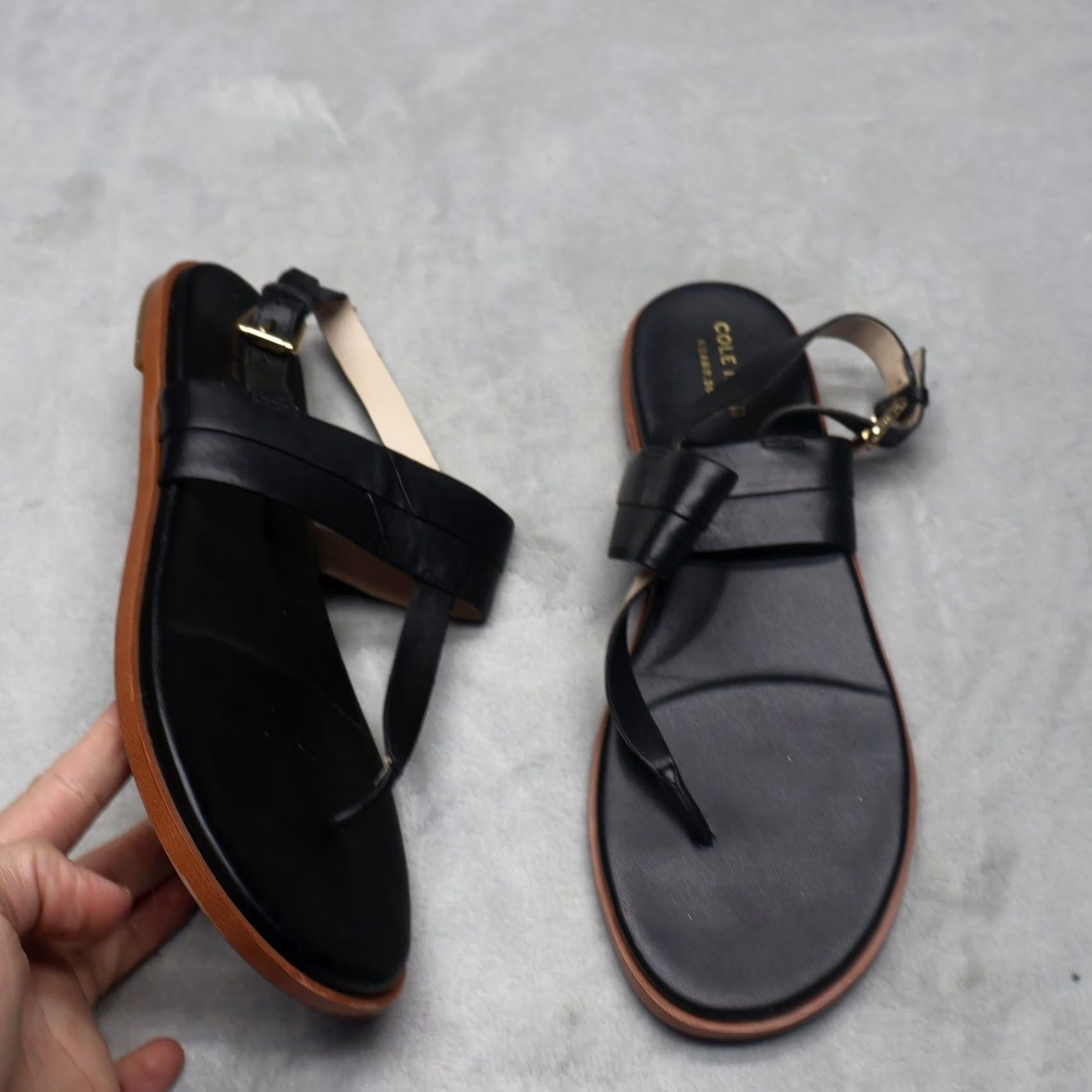 Cole Haan Cole Haan Women Sandals Black Leather T-Strap Buckle Flat Summer 9.5B Size US 10 / IT 40 - 2 Thumbnail