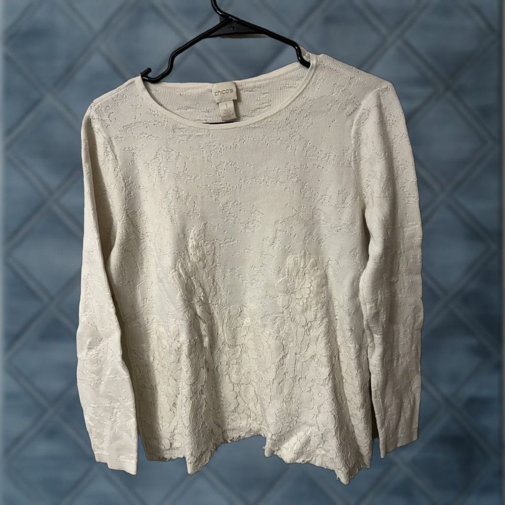 Vintage Chicos Womens Blouse 1 Casual Embroidered Floral Lace Sleeve Crew Neck White Size 1 Regular Womens Size XS / US 0-2 / IT 36-38 - 1 Thumbnail