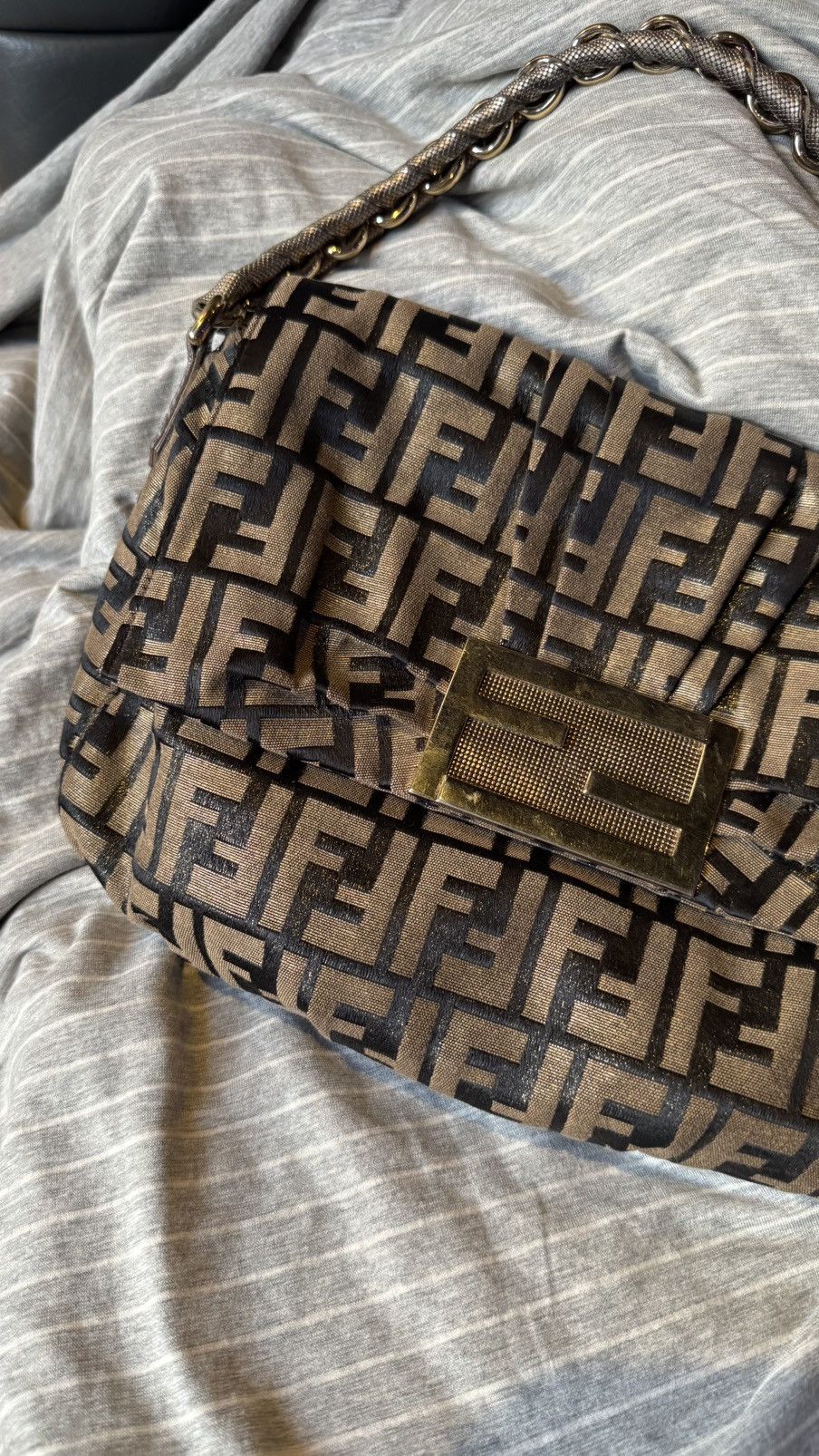 Fendi FENDI Gold/Black Zucca Print Canvas Mia Flap Bag Size ONE SIZE - 6 Thumbnail