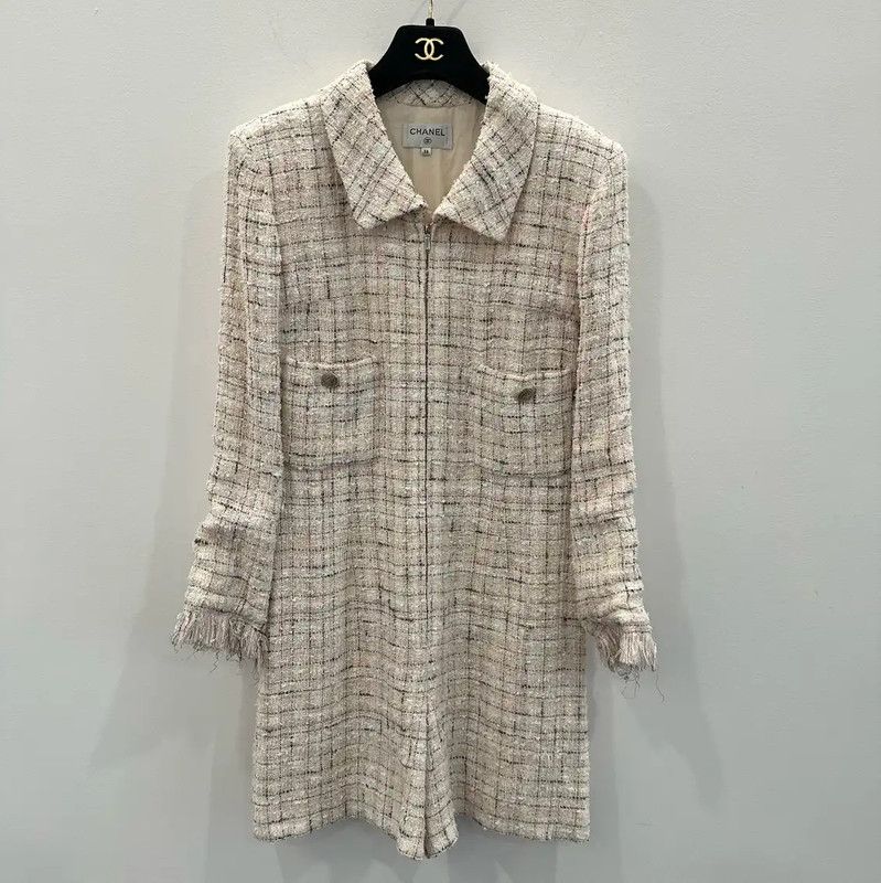 Chanel Tweed Long Sleeve Dress in White 0089