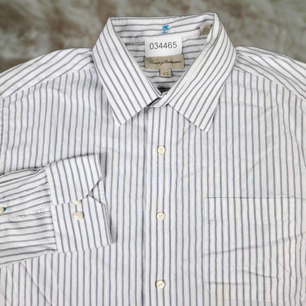 Tommy Bahama Tommy Bahama Shirt Mens 16.5 Gray White Striped Dress Button Up Long Sleeve Shirt Adult Regular Cotton 100% Vintage: No Size 42R - 1 Thumbnail