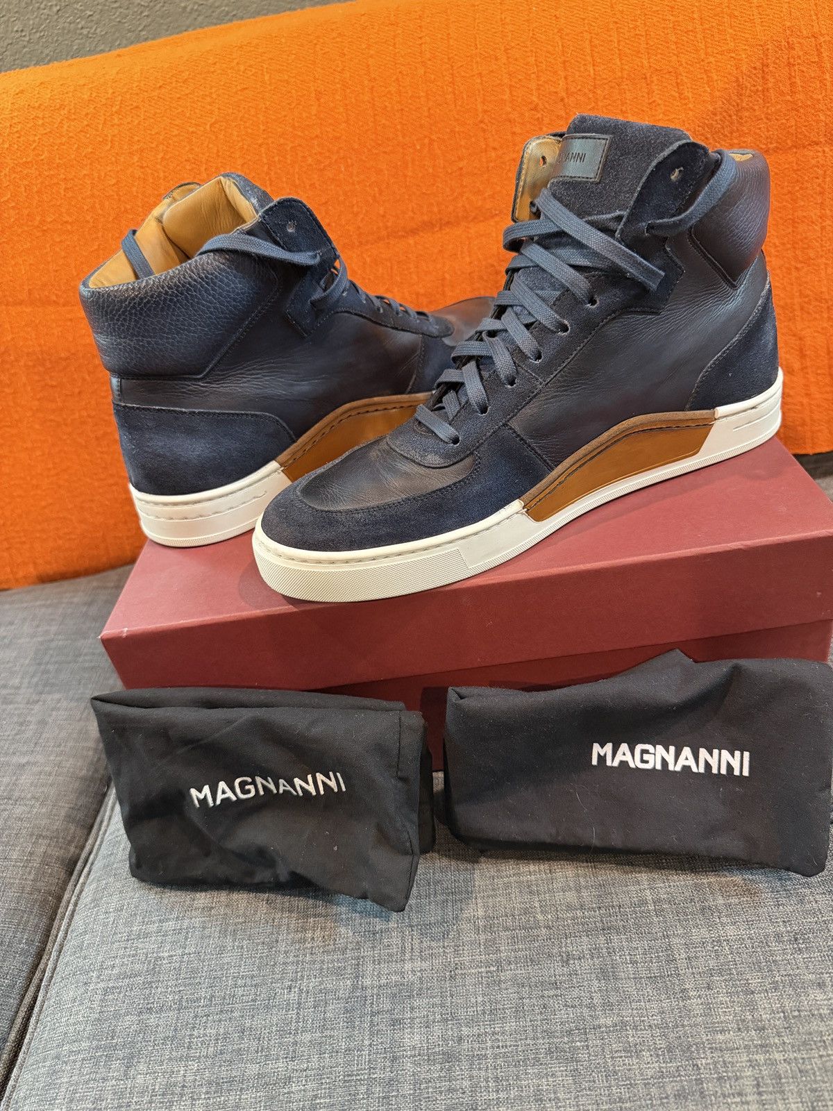 Magnanni 🔵 Men's Navy Leather High-Top Sneakers 🔵 Size US 9.5 / EU 42-43 - 2 Thumbnail