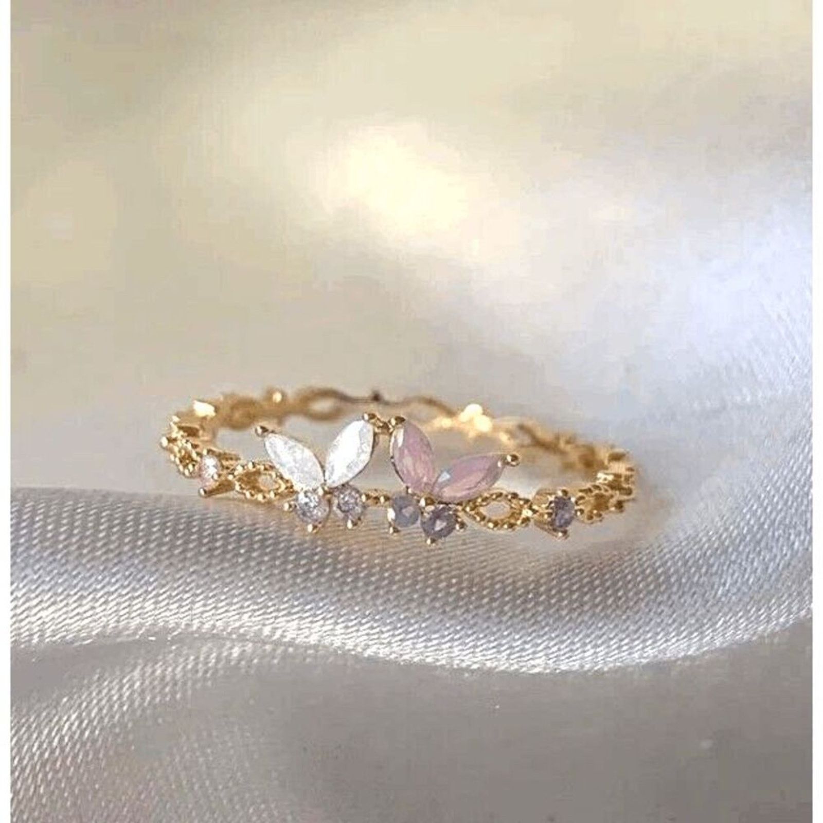 Other Dainty Adjustable Floral Flower Crystal Ring Twin Butterfly Size ONE SIZE - 1 Preview