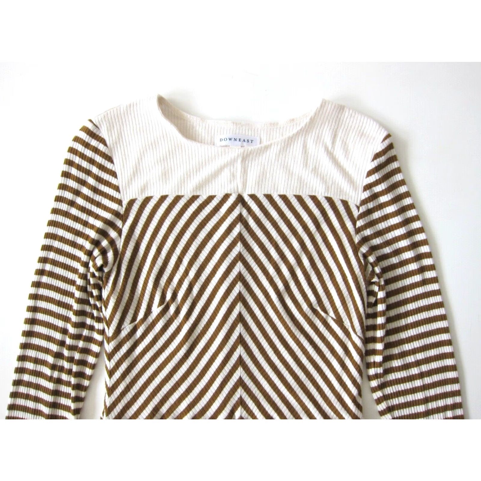 Vintage Down East Stripe Jersey Stretch Long Sleeve Sheath Tunic Dress XS Brown Ivory Stripe Dress, Women's, Regular, Midi, Kaftan/Shift/Shirt Dress Style Size XS / US 0-2 / IT 36-38 - 3 Thumbnail