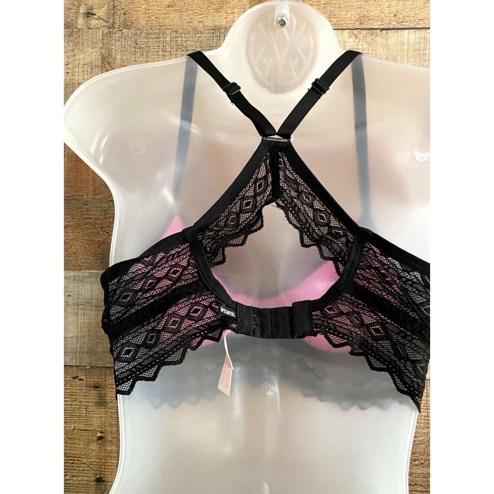 Victoria's Secret VINTAGE Victoria's Secret Pink Racerback Black lace medium Bra Womens Black M Underwire Push Up Satin Nylon Solid Underbust 32B Size ONE SIZE - 2 Thumbnail