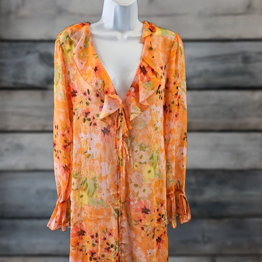 Vintage Wild Fable Blouse Duster 2XS Womens Orange Pink Floral Tie Front Sheer Long Sleeve Size XXS / US 00 / IT 34 - 1 Thumbnail