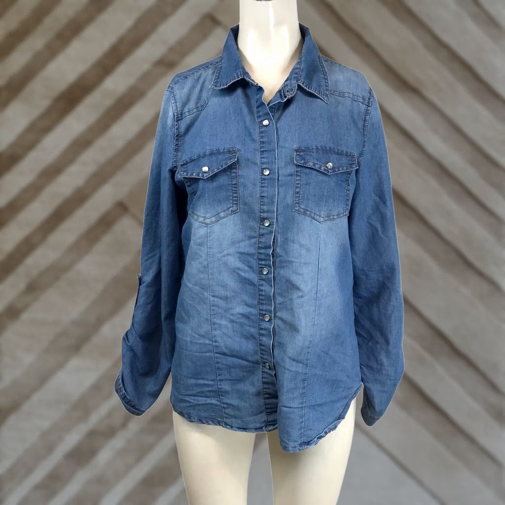 Vintage Cisono Denim Collection Womens Medium Wash Snap Front Western Shirt Large TP012 Size L / US 10 / IT 46 - 1 Thumbnail