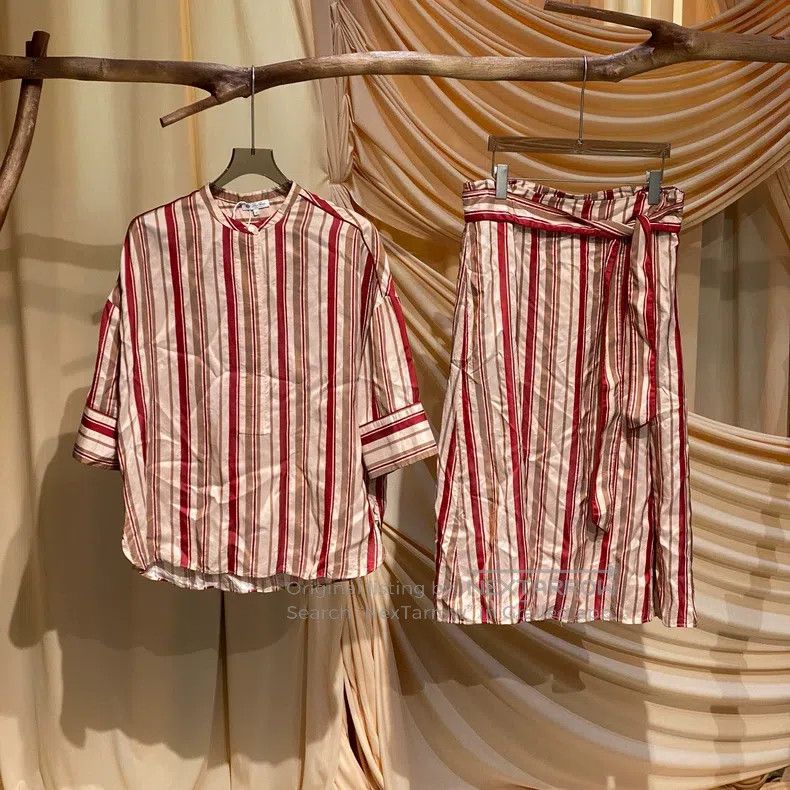 Loro Piana Loro Piana Red Brown Striped Silk Shirt Skirt Set Size L / US 10 / IT 46 - 1 Thumbnail