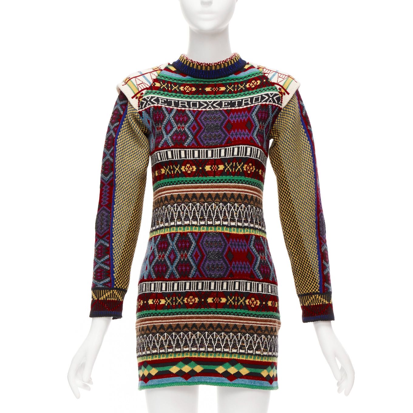 image of Etro Ethnic Multicolor Intarsia Wool Contrast Sleeve Sweater Dress It38 Xs, Women's