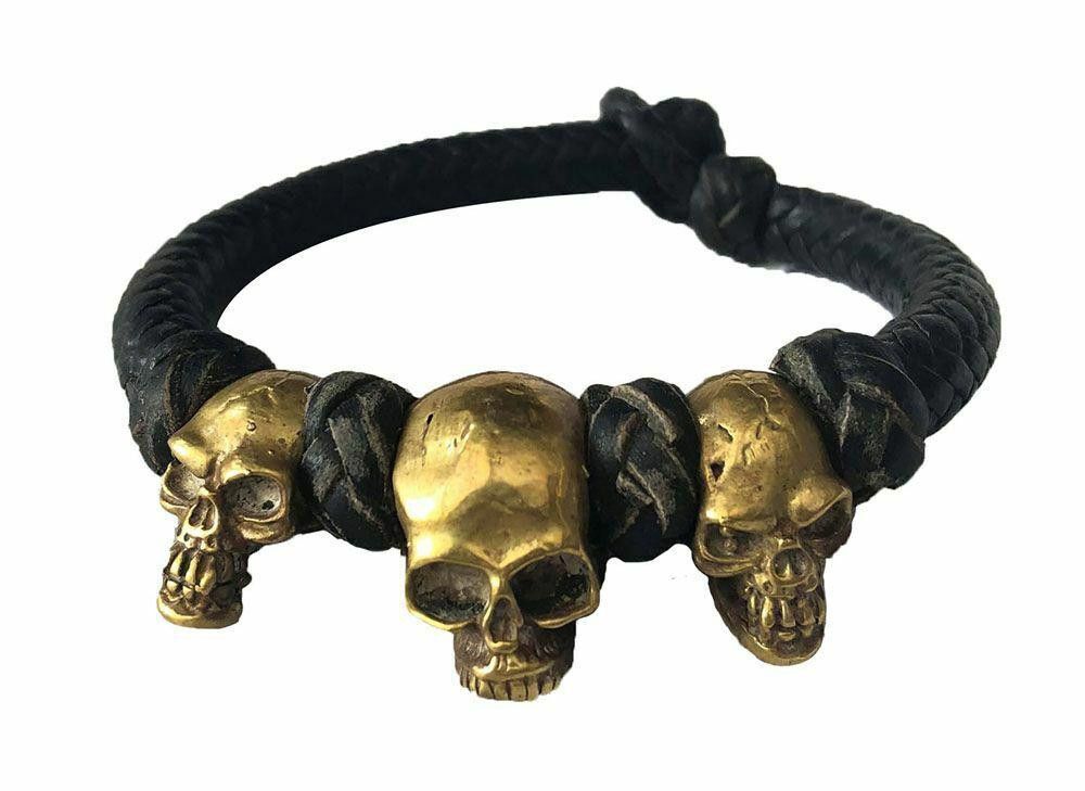 Designer Pre Owned Woven Leather Bracelet With Brass Craniums Skulls Size ONE SIZE - 1 Thumbnail