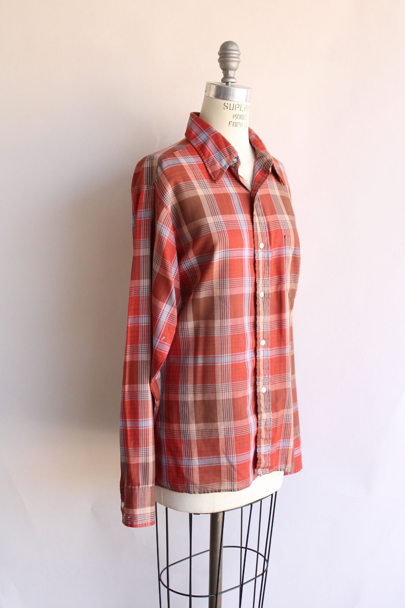 Vintage Vintage 1970s Shirt, Viking Dagger Collar Orange Plaid Trata Size L / US 10 / IT 46 - 6 Thumbnail