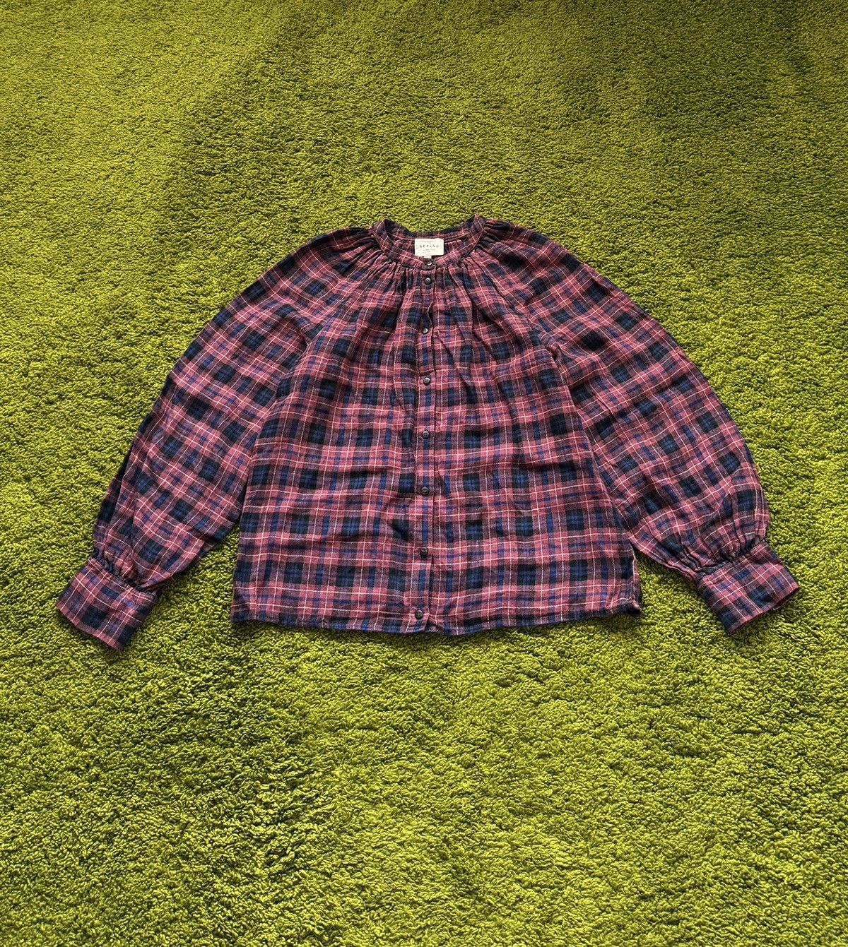 Designer × Sezane Sezane Paris 100% linen tartan puff sleeves blouse shirt Size XS / US 0-2 / IT 36-38 - 1 Thumbnail