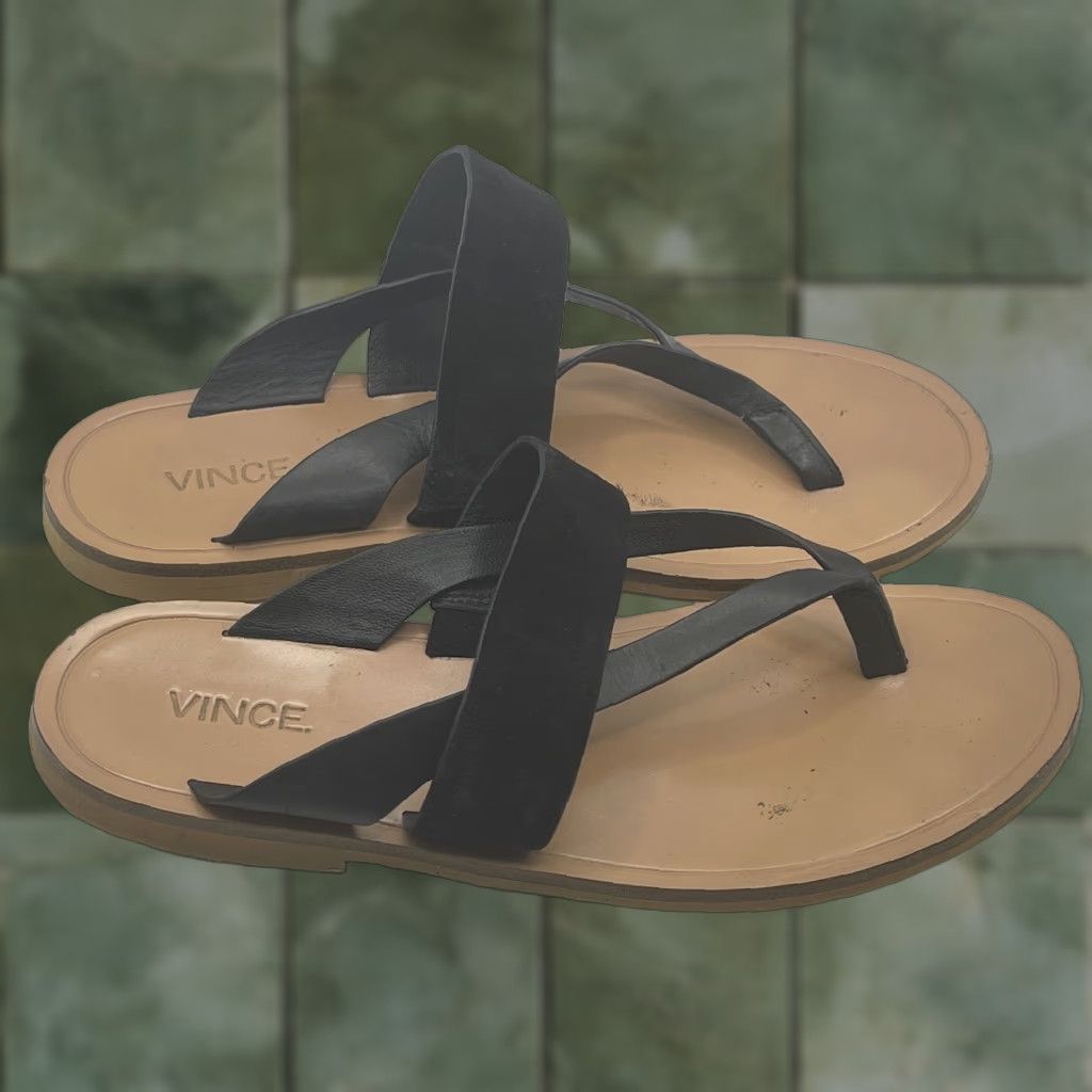 Vince Vince Sandal Women Strappy Thong Black Leather Slip On Flat Block Heel 7.5M US 8.5 EU 37.5 Sizes Size US 8.5 / IT 38.5 - 1 Thumbnail