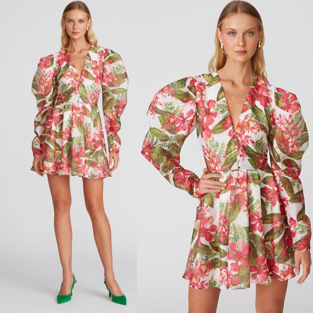 Amur NEW AMUR Dress Floral Tropical Puff Sleeve Mini Dress Red Si Size M / US 6-8 / IT 42-44 - 1 Thumbnail