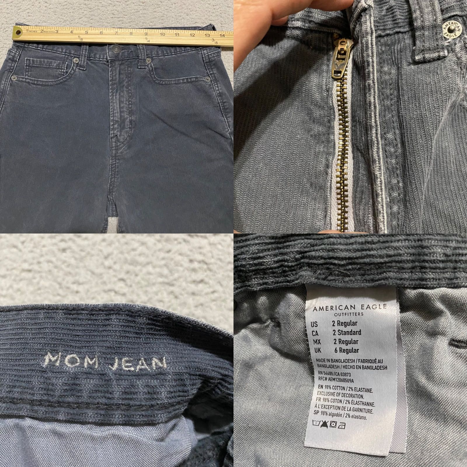 American Eagle Outfitters VINTAGE American Eagle Womens Jeans Gray Corduroy High Rise 2 Mom Regular 27x27.5 5-Pocket Design Cotton Spandex Size 26" / US 2 / IT 38 - 8 Thumbnail
