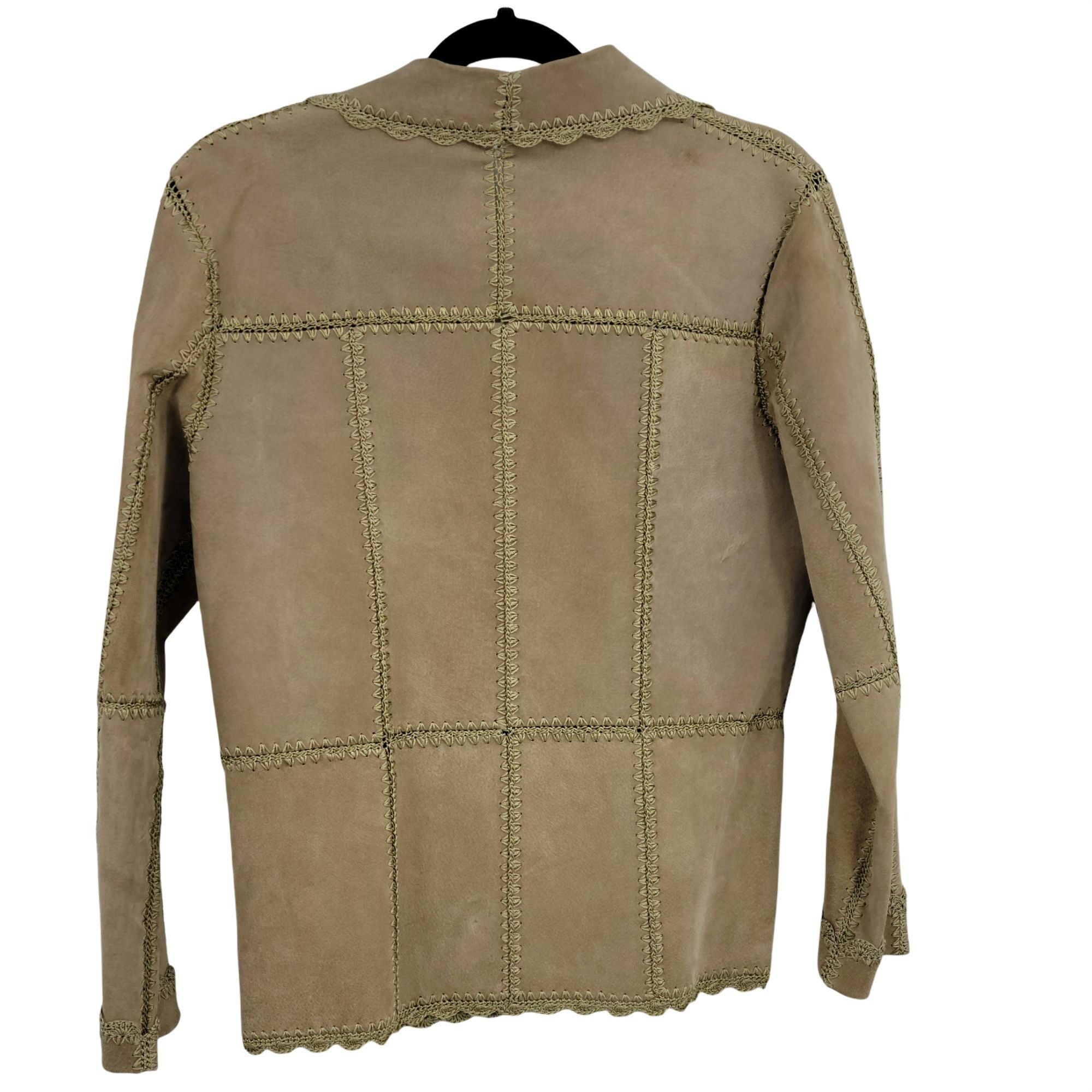 Vintage Vtg Boho Leather Shacket Jacket Sz M Tan Crochet Patchwork S Size M / US 6-8 / IT 42-44 - 8 Thumbnail