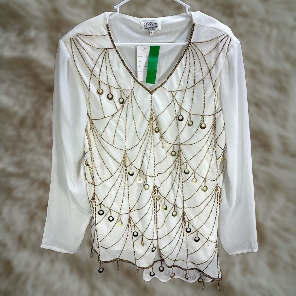 Vintage Womens Embellished Blouse Shirt Long Sleeve Sheer Boho V-Neck White 2XL NWT XS? Size XXL / US 16-18 / IT 52-54 - 1 Thumbnail