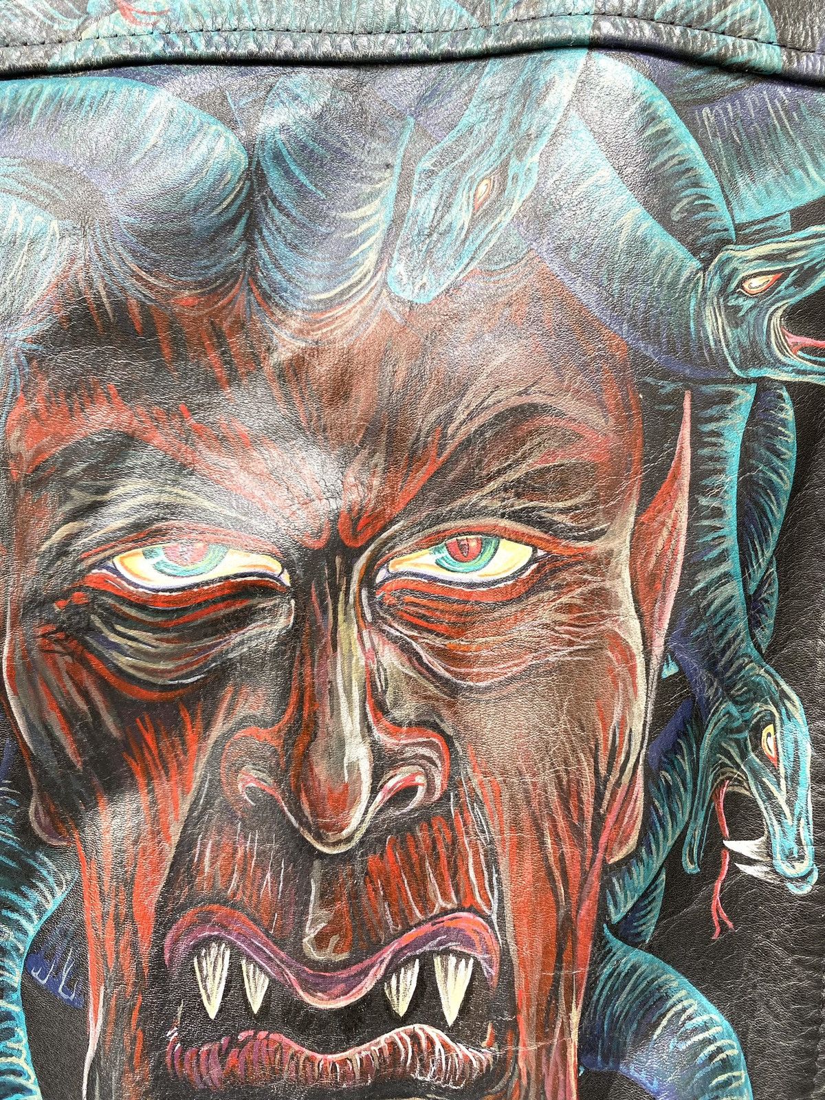 Other Rare! Vintage 70s Leather Jacket Art Face In Snakes Medusa Size US L / EU 52-54 / 3 - 16 Thumbnail