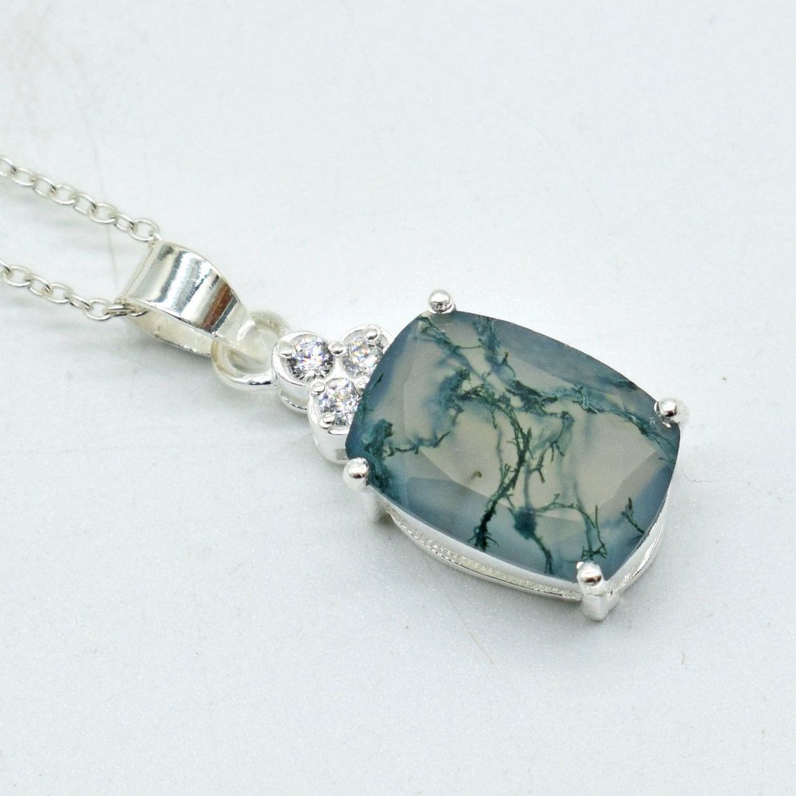 Handmade Natural Moss Agate 925 Sterling Silver Necklace - 18 Inch Size ONE SIZE - 6 Thumbnail
