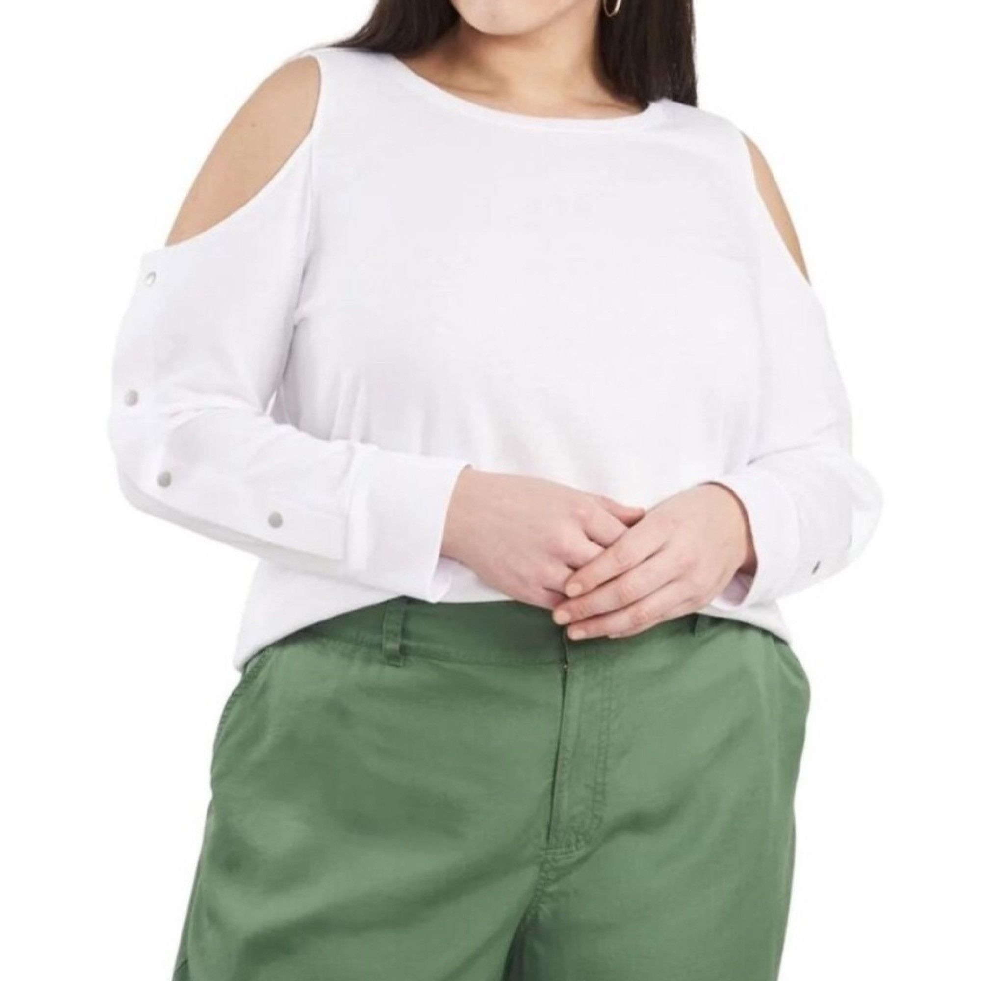 Vince Camuto Vince Camuto Cold Shoulder Snap Top – Ultra White, Plus Size Size XXL / US 16-18 / IT 52-54 - 1 Thumbnail