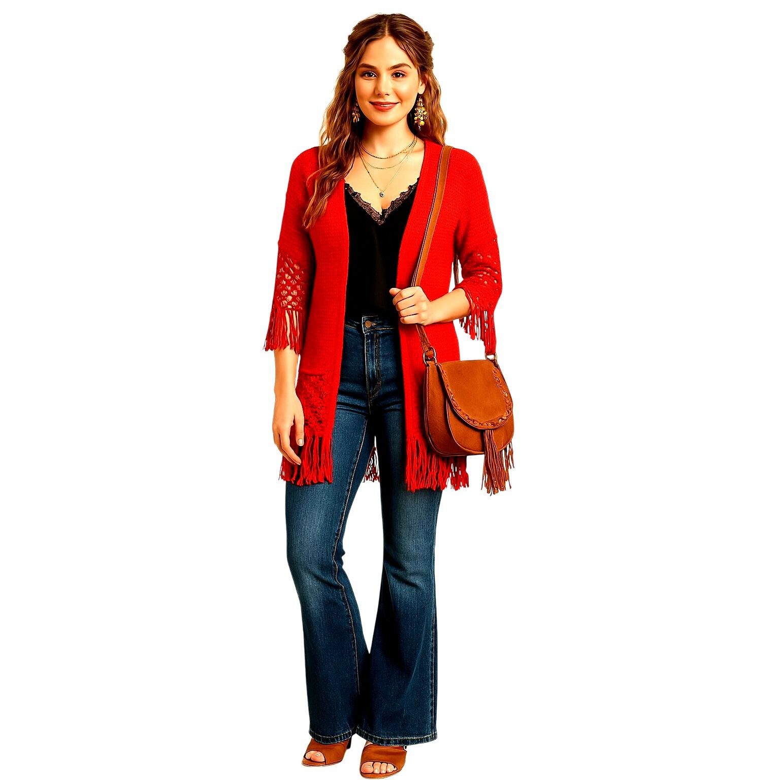 Other 600 West Rust Red Boho Fringe Cardigan Open Knit Sweater Cro Size M / US 6-8 / IT 42-44 - 12 Thumbnail