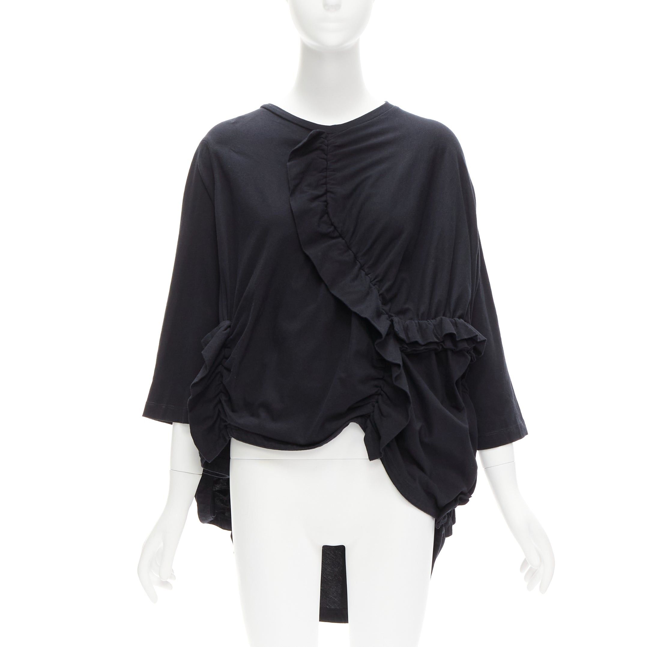 image of Marni Black 100% Cotton Gathered Ruffles 3/4 Sleeves Boxy Top It36 Xs, Women's