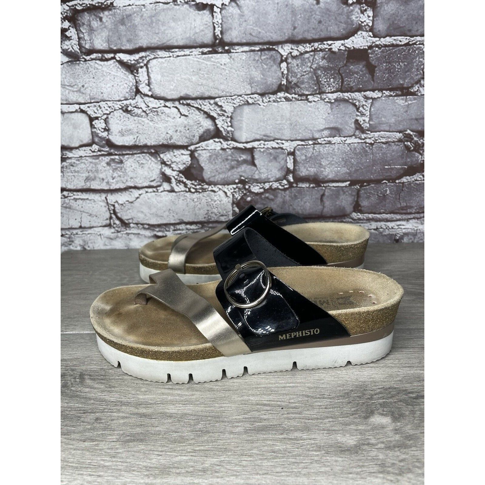 Mephisto Mephisto Silver Leather Black Patent Toe Strap Cork Wedge Sa Size US 8 / IT 38 - 7 Thumbnail