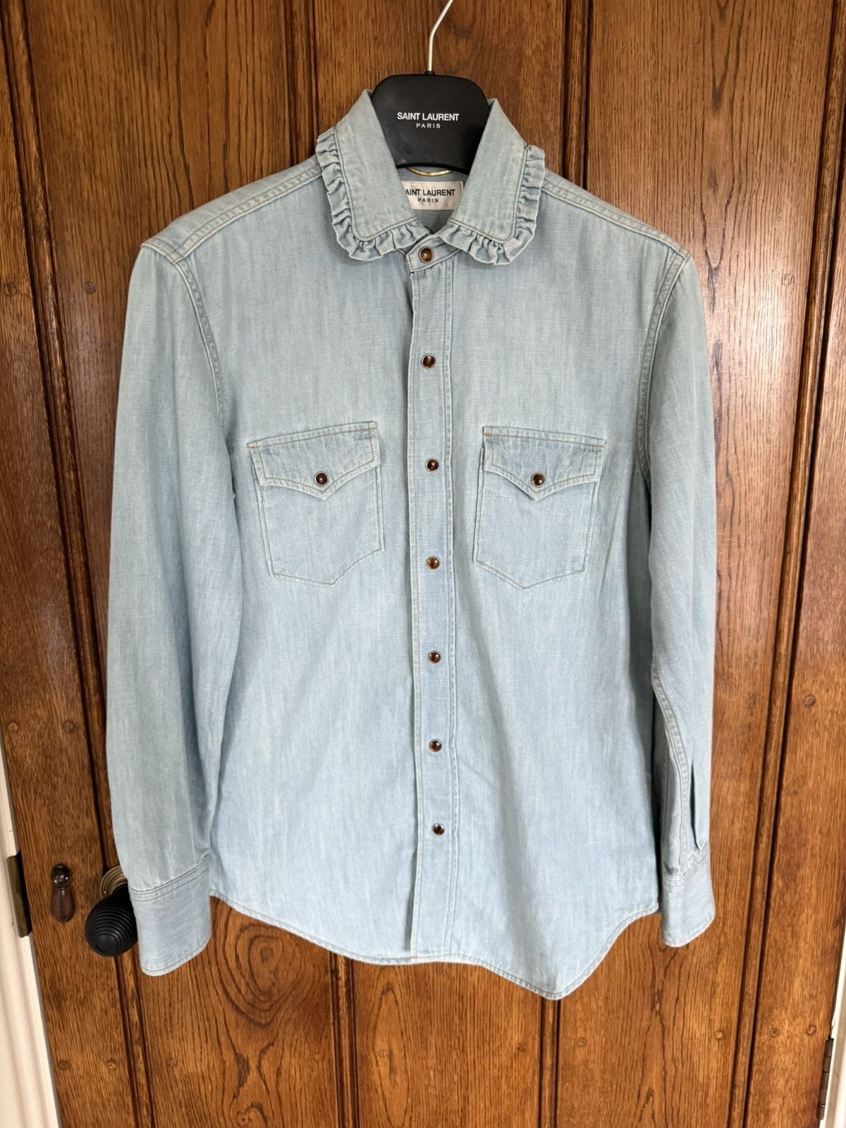 Saint Laurent Paris SS16 Saint Laurent ruffle collar blue denim shirt Hedi surf Size US S / EU 44-46 / 1 - 1 Thumbnail