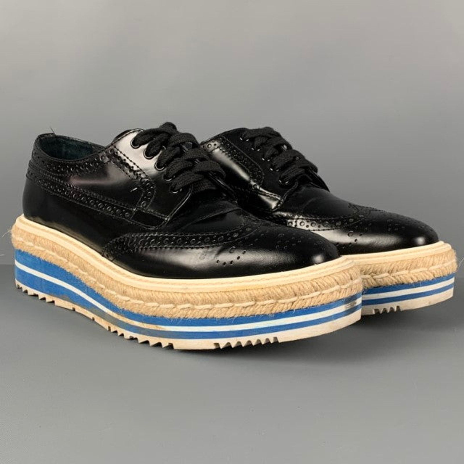 Prada PRADA Size 6.5 Black White Blue Perforated Wingtip Shoes Size US 6.5 / IT 36.5 - 2 Thumbnail