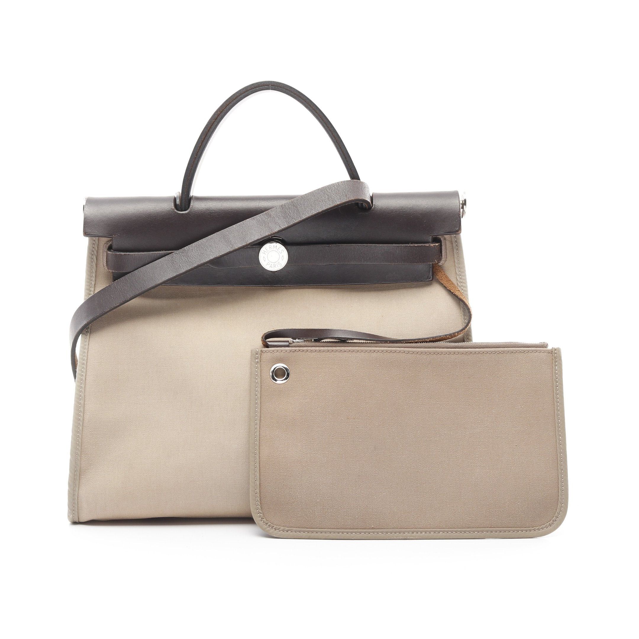 Hermes Herbag Zip Pm Handbag Toile Officier Vache Hunter Beige Dark Brown Silver Hardware Stamp