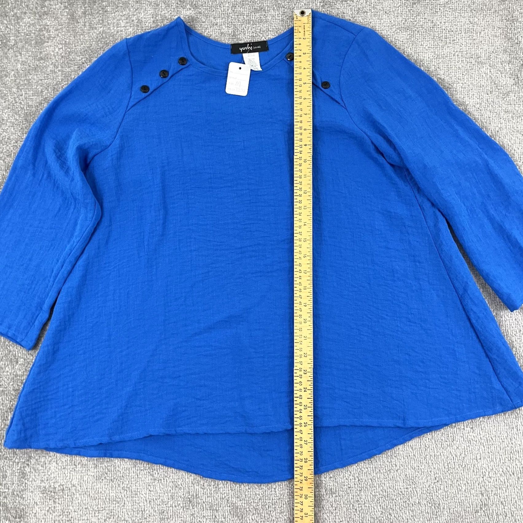 Vintage Yushi Blouse Top Womens M Blue Crewneck 3/4 Sleeve Pullover Button Accents Regular Fit Classic Casual Shirt Size M / US 6-8 / IT 42-44 - 3 Thumbnail