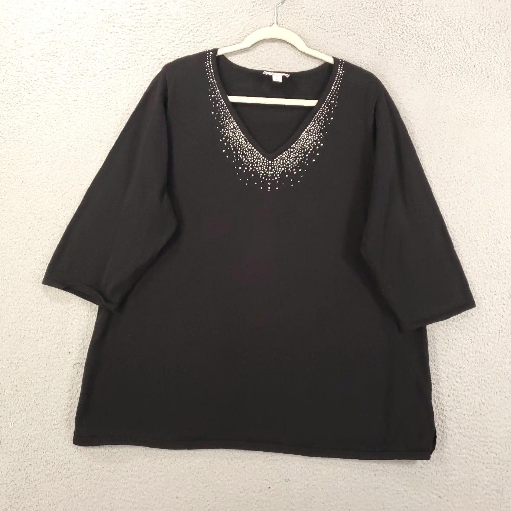 Quacker Factory VINTAGE Quacker Factory Blouse Shirt 1X Black Rhinestone V Neck Pullover Womens Size XL / US 12-14 / IT 48-50 - 2 Thumbnail