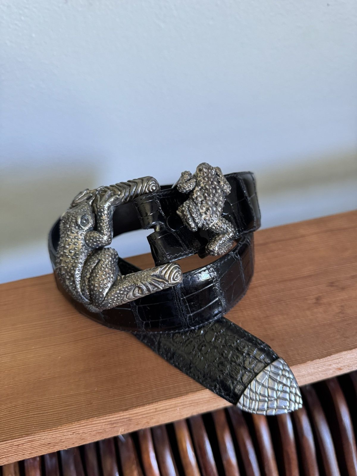 Jeff Deegan Sterling Silver Frog Alligator Leather Belt