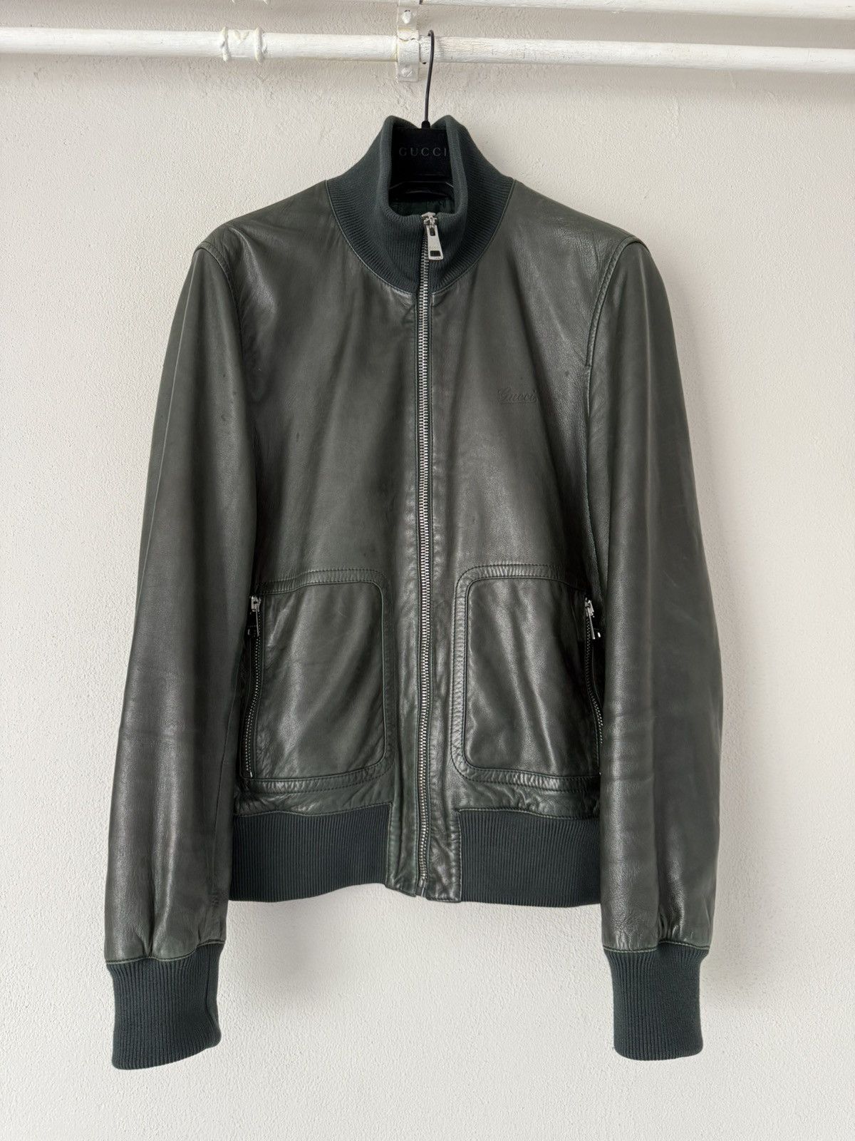 Gucci Green Leather Bomber Jacket with Ribbed Trim Size US M / EU 48-50 / 2 - 2 Thumbnail