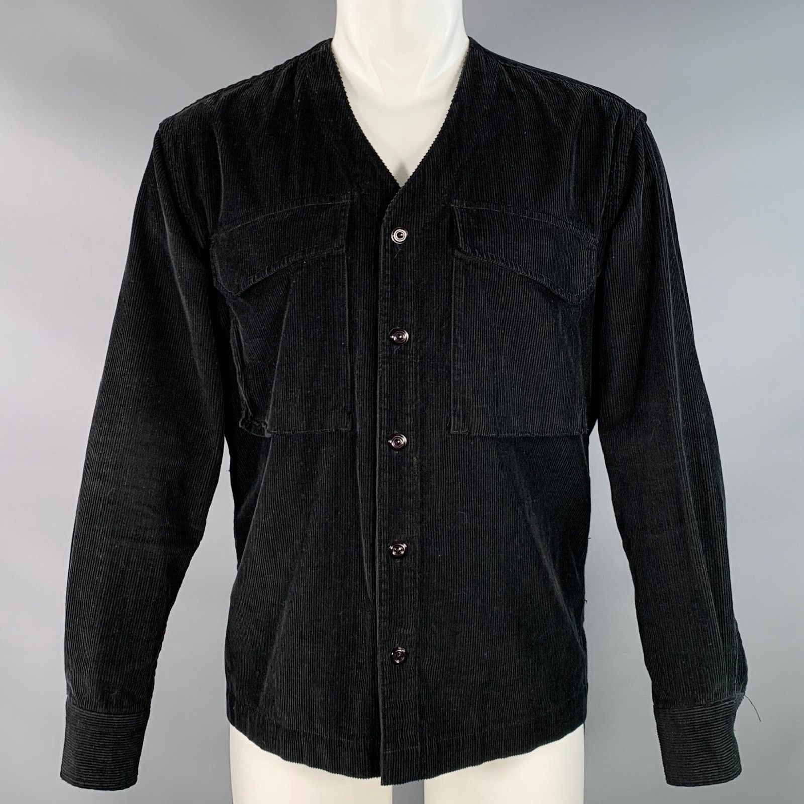 EASTLOGUE EASTLOGUE M Black Corduroy Cotton Collarless V-Neck Jacket Size US M / EU 48-50 / 2 - 1 Thumbnail