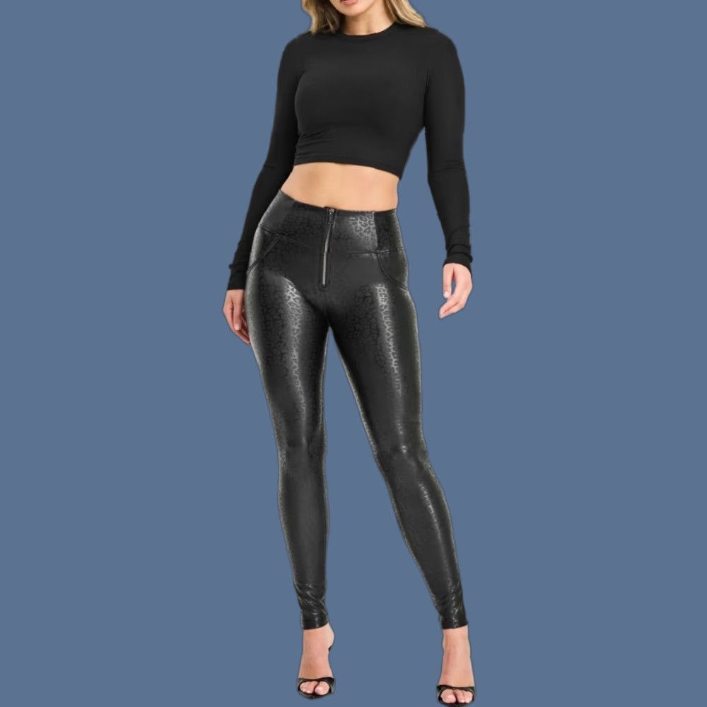 Freddy Faux Leather Leopard Print Shaping Leggings 6 EUC