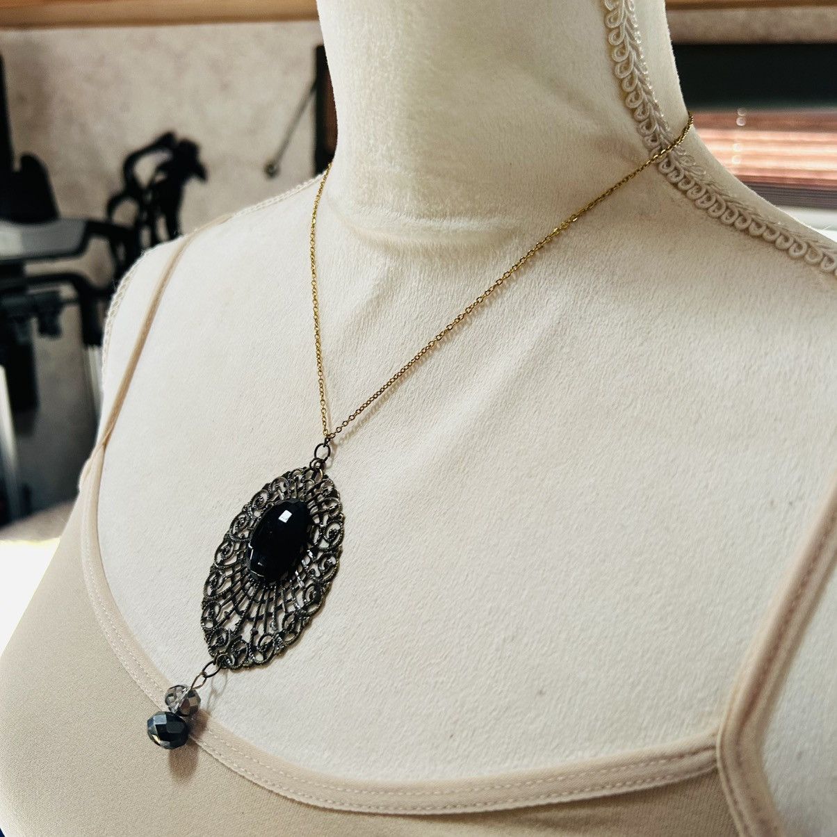 Handmade Handcrafted brass filigree faceted dome black glass necklace Size ONE SIZE - 3 Thumbnail