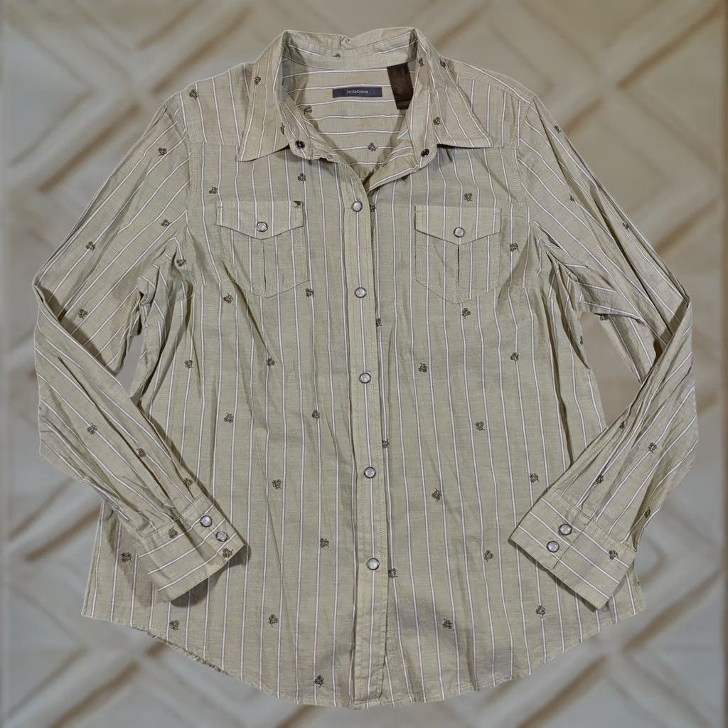 Liz Claiborne Liz Claiborne Western Tan Striped Floral Long Sleeve Snap Front Shirt Women's XL Size XL / US 12-14 / IT 48-50 - 1 Thumbnail
