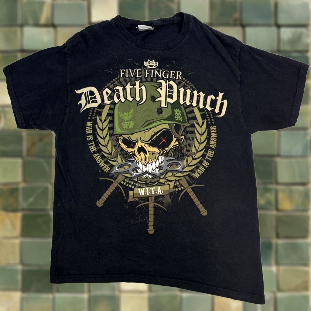 Vintage Five Finger Death Punch 5FDP War Is The Answer 2010 Tour T-Shirt Large Black Cotton Crew Neck Short Sleeve Men Hanes Heavyweight Graphic Print Size US L / EU 52-54 / 3 - 1 Thumbnail
