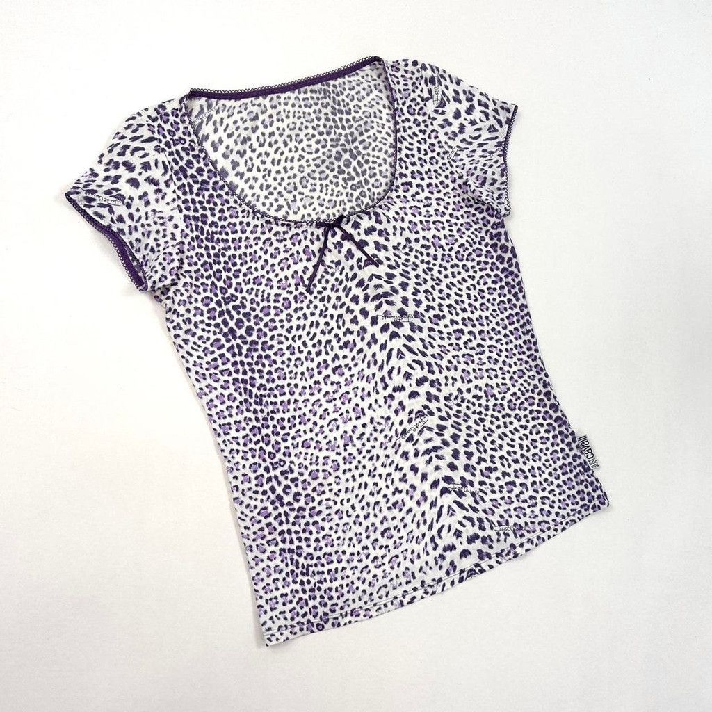 Just Cavalli y2k Cavalli white short sleeve top with purple leopard print Size M / US 6-8 / IT 42-44 - 1 Thumbnail