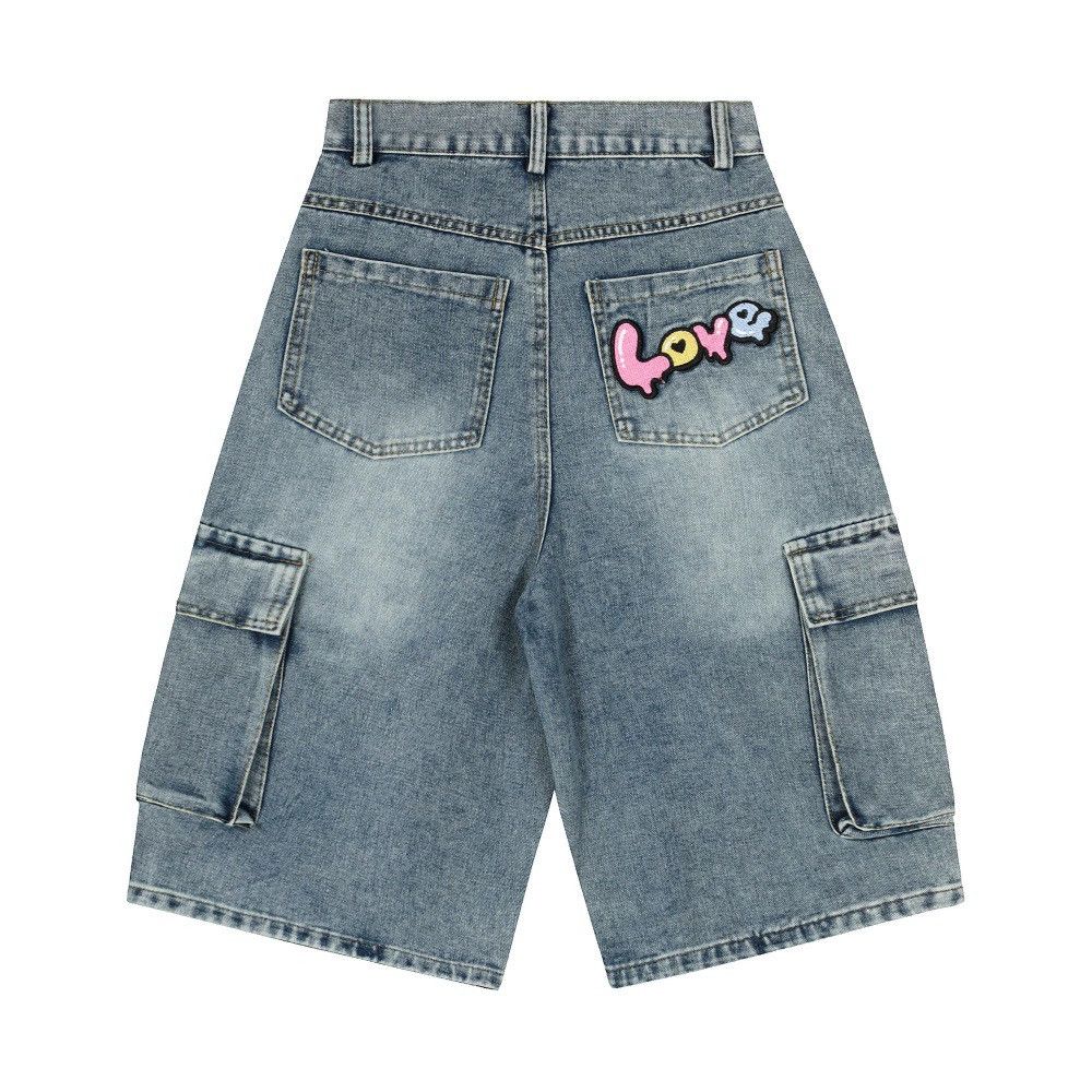 Jean Washed cartoon embroidery multi-pocket cargo denim shorts Size US 32 / EU 48 - 2 Thumbnail