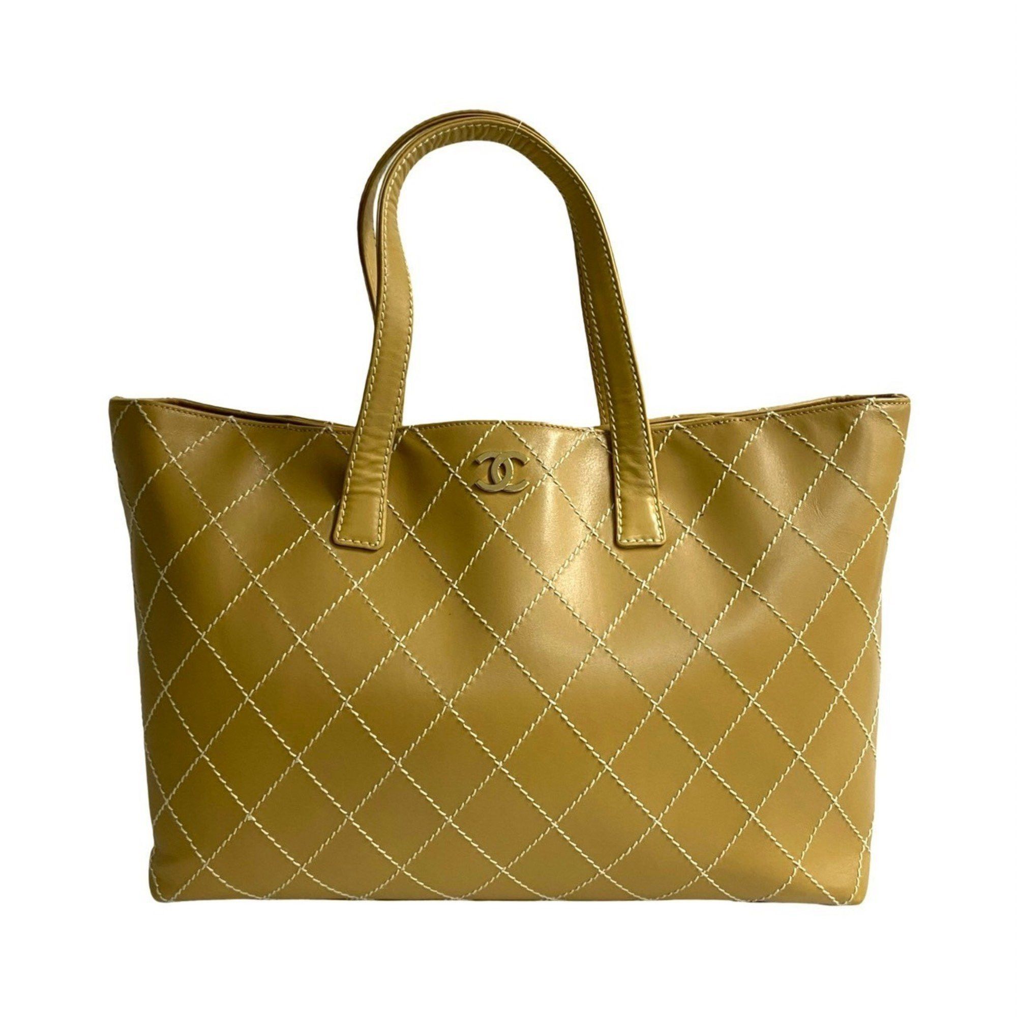 CHANEL Wild Stitch Coco Mark Leather Tote Bag, Yellow, 34683