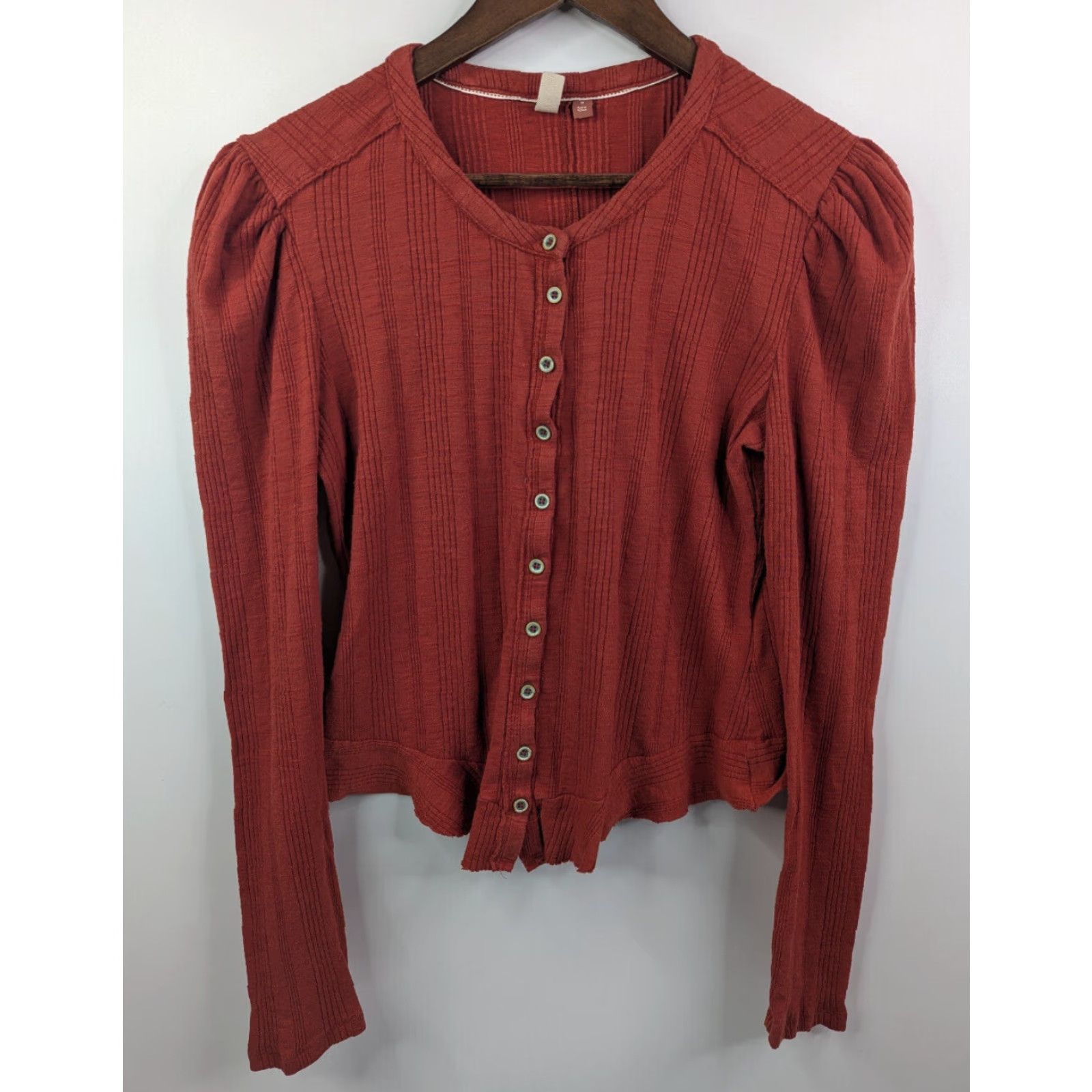 Vintage Pilcro Button Top Shirt Long Sleeve Puff Ribbed Henley Pullover Cropped Casual Orange M Womens Size M / US 6-8 / IT 42-44 - 2 Thumbnail