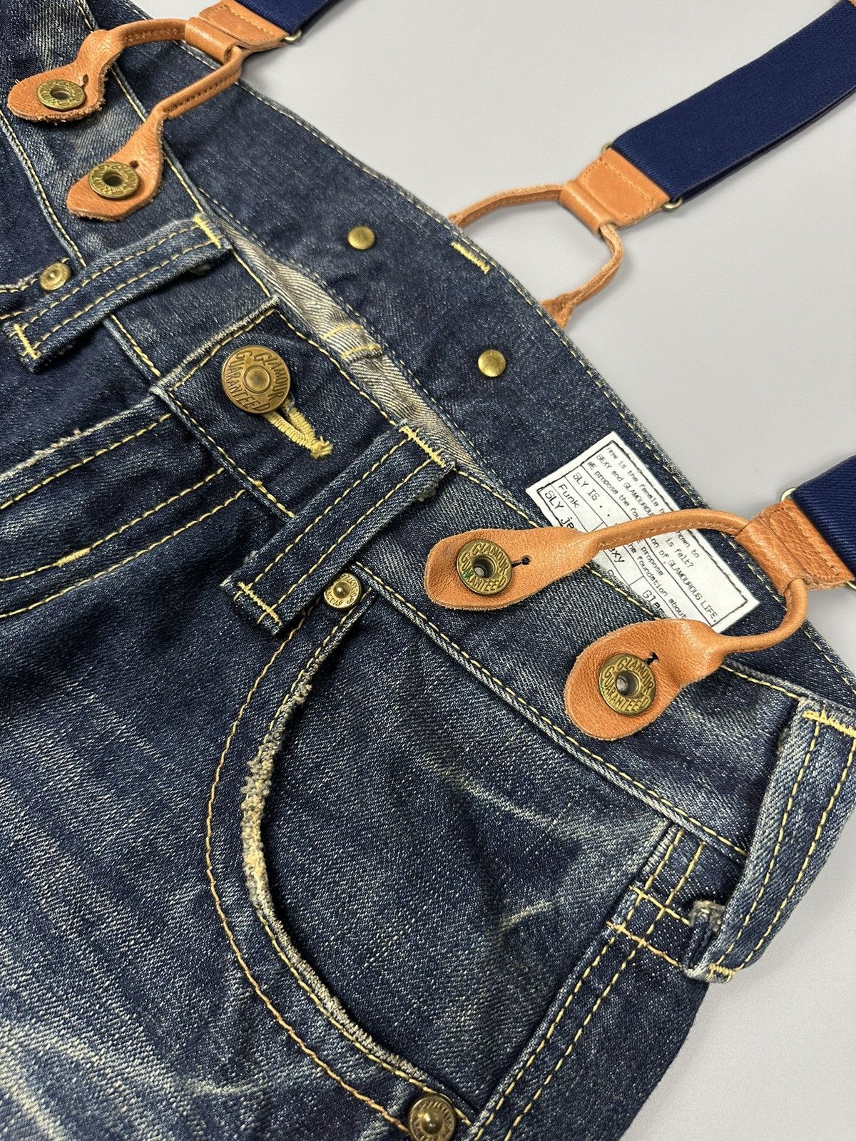 If Six Was Nine × Le Grande Bleu (L.G.B.) 🔥Flared🔥 SLY Glamour Jeans With Suspenders Leather Denim Size US 32 / EU 48 - 9 Thumbnail