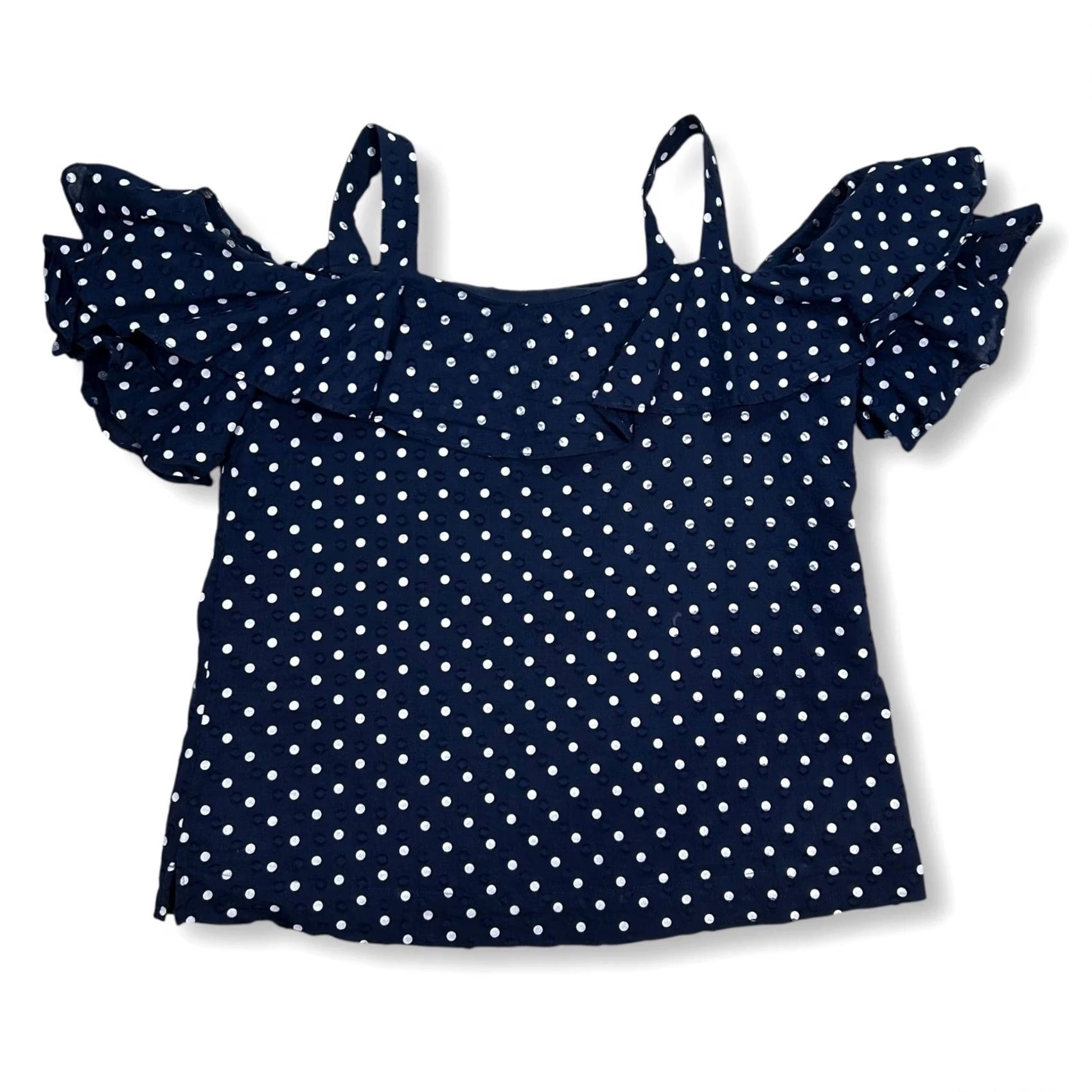 J.Crew J. Crew Blouse Polka Dot Navy Blue Cold Shoulder Ruffle Square Neck Womens 4 Size S / US 4 / IT 40 - 3 Thumbnail
