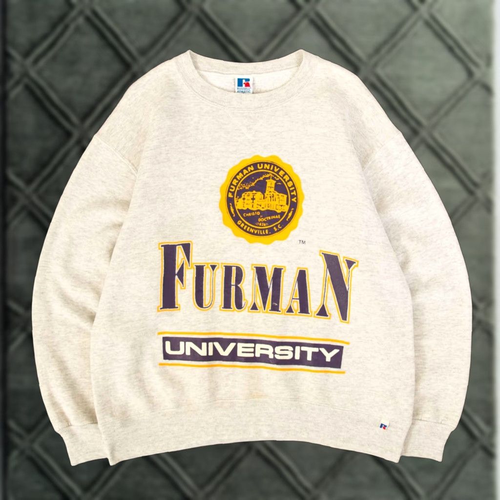 Russell Athletic VINTAGE Russell Athletic 90s Furman Graphic Sweatshirt Ladies L Light Grey Pullover Size L / US 10 / IT 46 - 1 Thumbnail