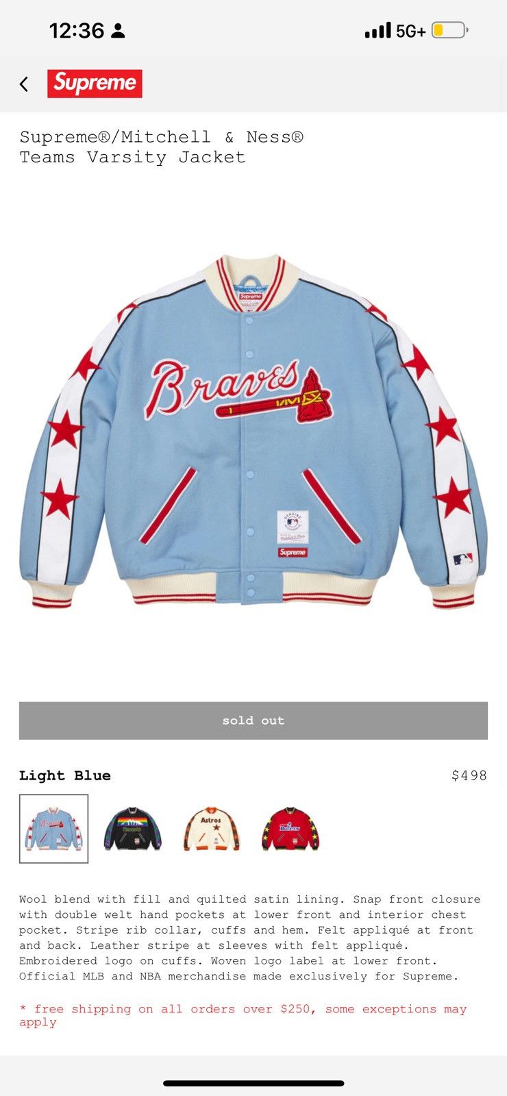 Mitchell & Ness × Supreme Altanta Braves Supreme Varsity Jacket Size US L / EU 52-54 / 3 - 4 Thumbnail