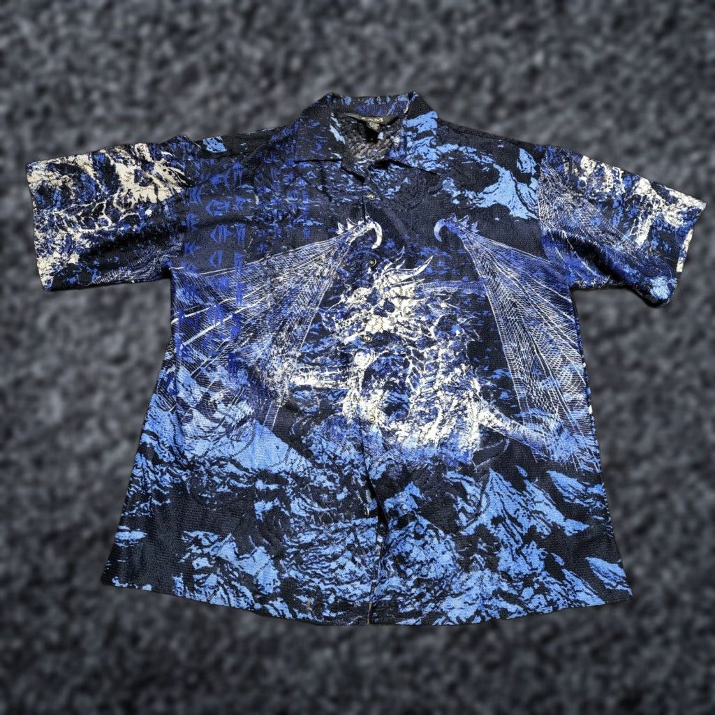 Vintage VINTAGE Zam Collection Shirt Dragon Lace Distressed Japanese Dragon Button-Up Short Sleeve XL Mens Blue Polyester Size US XL / EU 56 / 4 - 1 Thumbnail