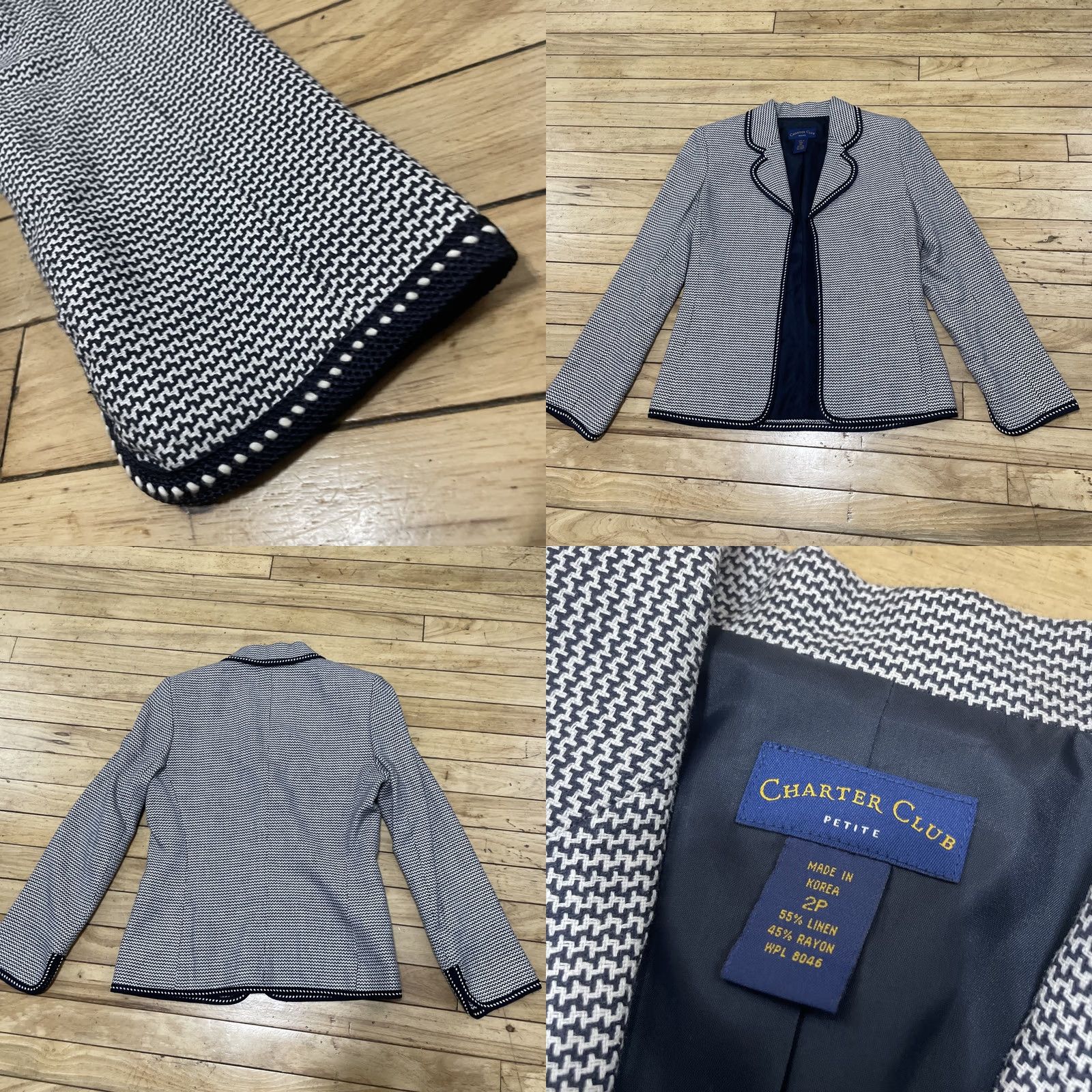 Charter Club VINTAGE CHARTER CLUB Linen Jacket Women 2P Black White HOUNDSTOOTH Beaded Knit Cardigan Old Money Jacket Womens Size XS / US 0-2 / IT 36-38 - 9 Thumbnail