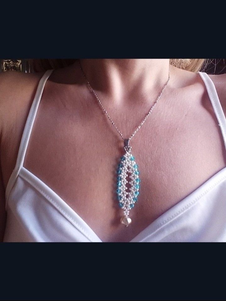 Handmade Necklace pendant earrings ivory glass, pearl, blue crystals Size ONE SIZE - 9 Thumbnail